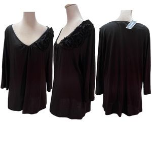 NWT Marisa Christina Black 3/4 Sleeve V-Neck Ruffle Detail Shirt Size 1X